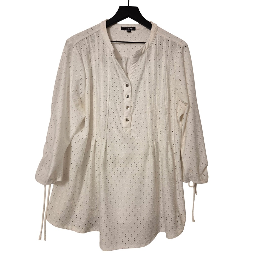 Roz‎ & Ali Womens Eyelet Tunic Boho Blouse Shirt 3/4 Sleeve White 2X
